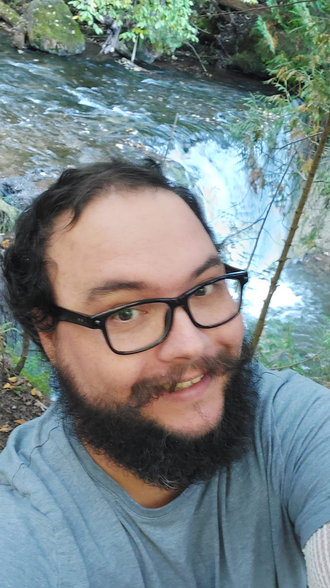 A man with short hair and bushy facial hair stands in front of a forest waterfall